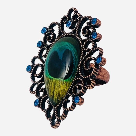 Betsey Johnson Peacock Ring Sz 7 Feather Big Statement Vegetable Garden Morocco - Picture 4 of 15